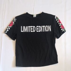 Posh Posh Black Tee with Rose and Checkered Sleeves